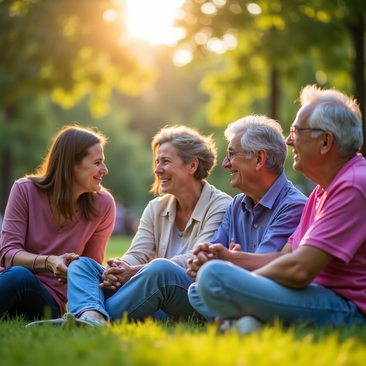 Diverse group of individuals supporting each other in a bright outdoor space